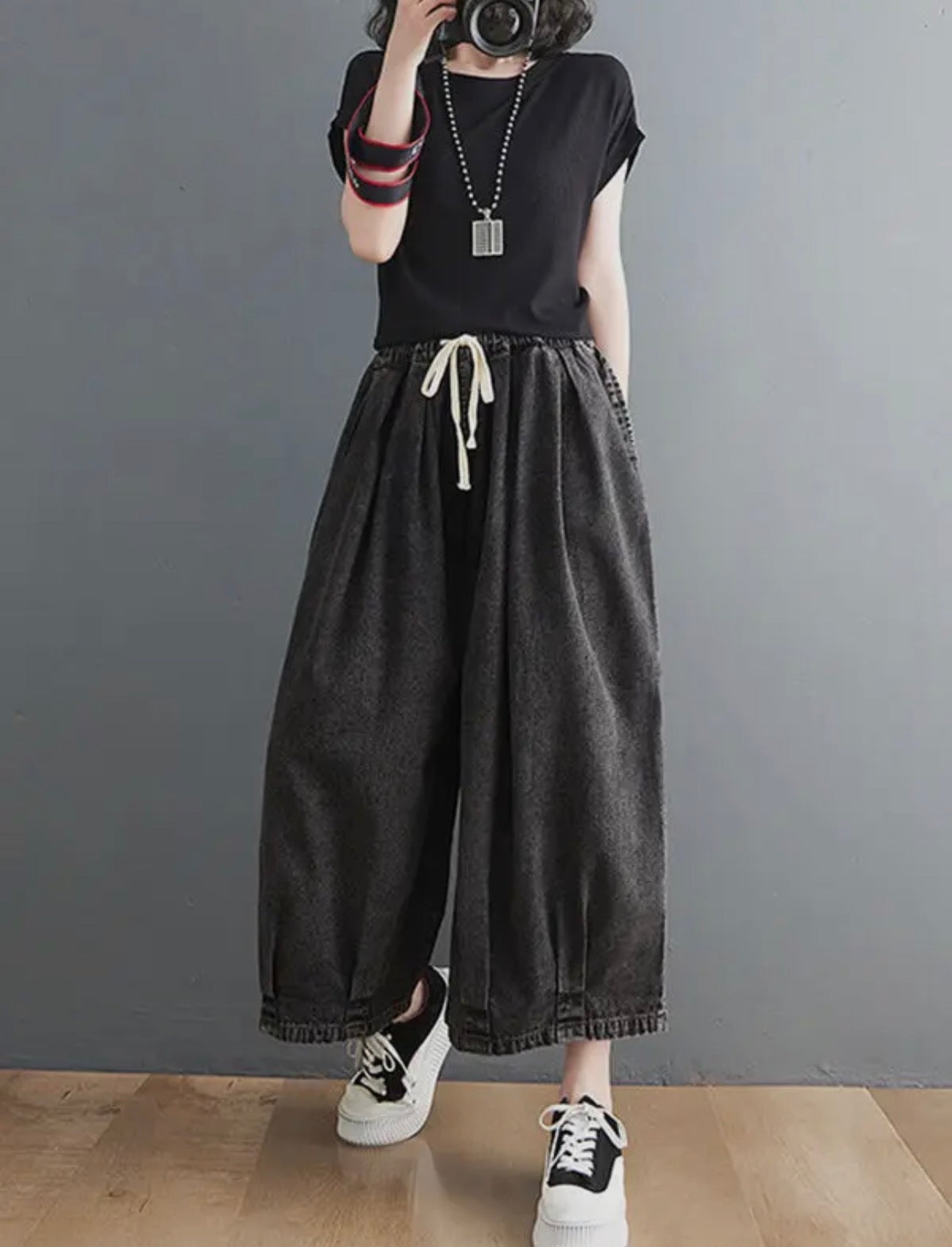 Wide-Leg Black Denim Culottes