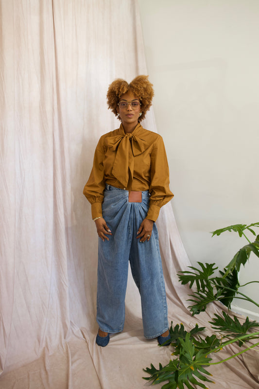 Statement Bow Cotton Blouse — Caramel & White