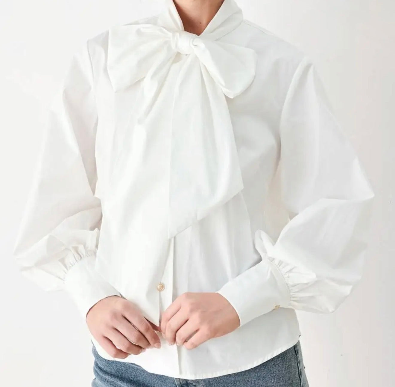 Statement Bow Cotton Blouse — Caramel & White