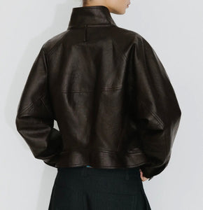 Curved Sleeve Faux Leather Jacket – Brown