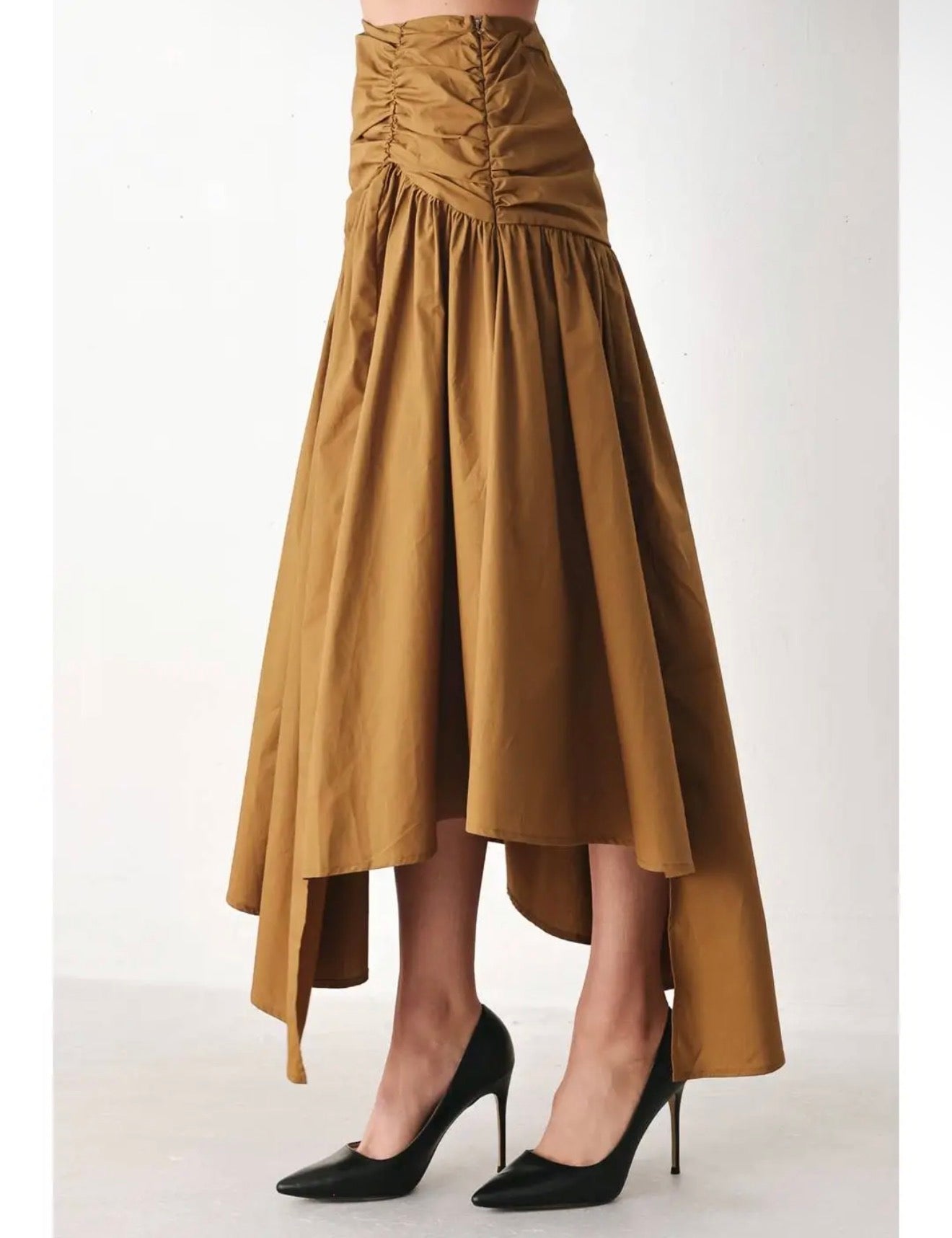 Caramel Gathered Midi Skirt