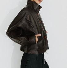 Load image into Gallery viewer, Curved Sleeve Faux Leather Jacket – Brown
