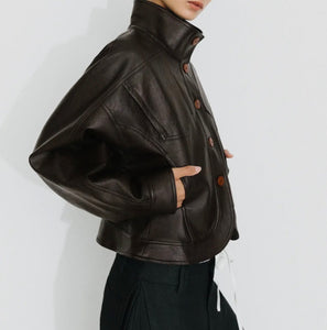 Curved Sleeve Faux Leather Jacket – Brown