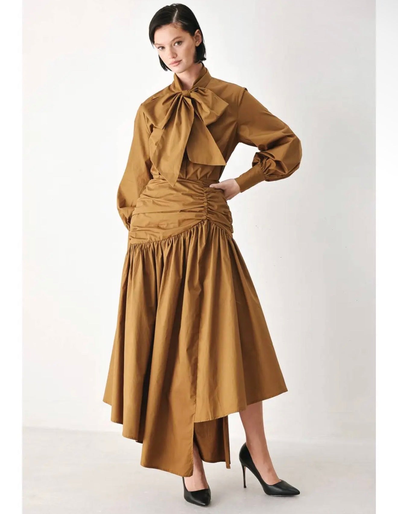 Caramel Gathered Midi Skirt