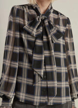 Load image into Gallery viewer, Plaid Bow-Tie Sheer Blouse
