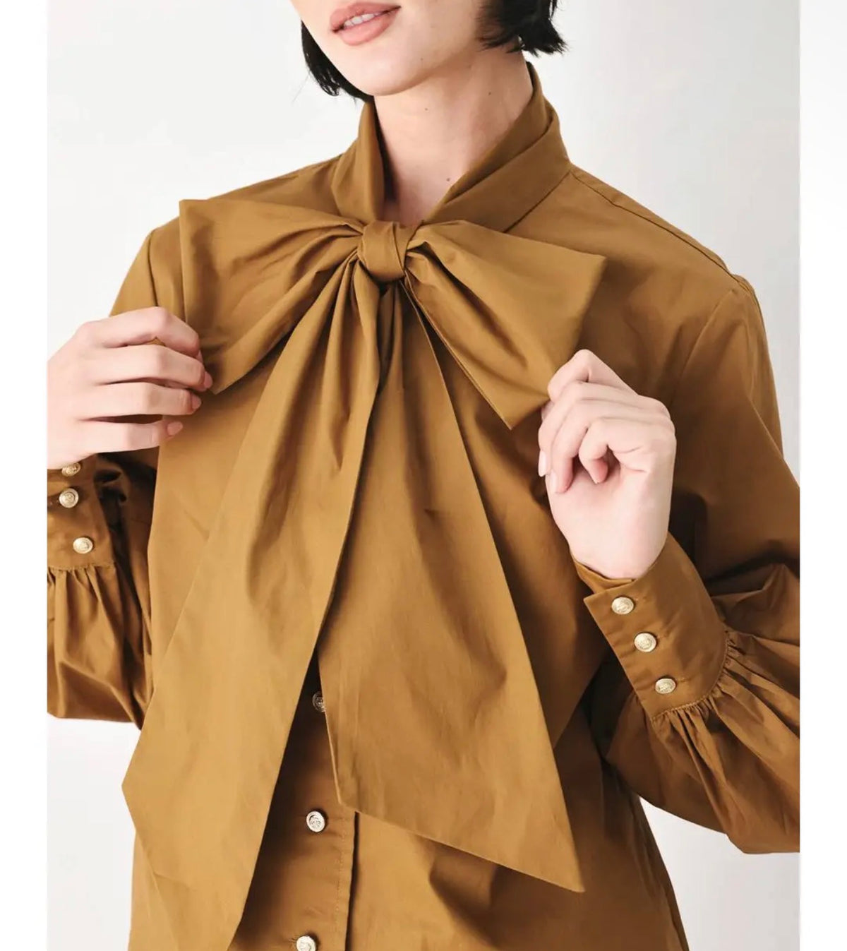 Statement Bow Cotton Blouse — Caramel & White
