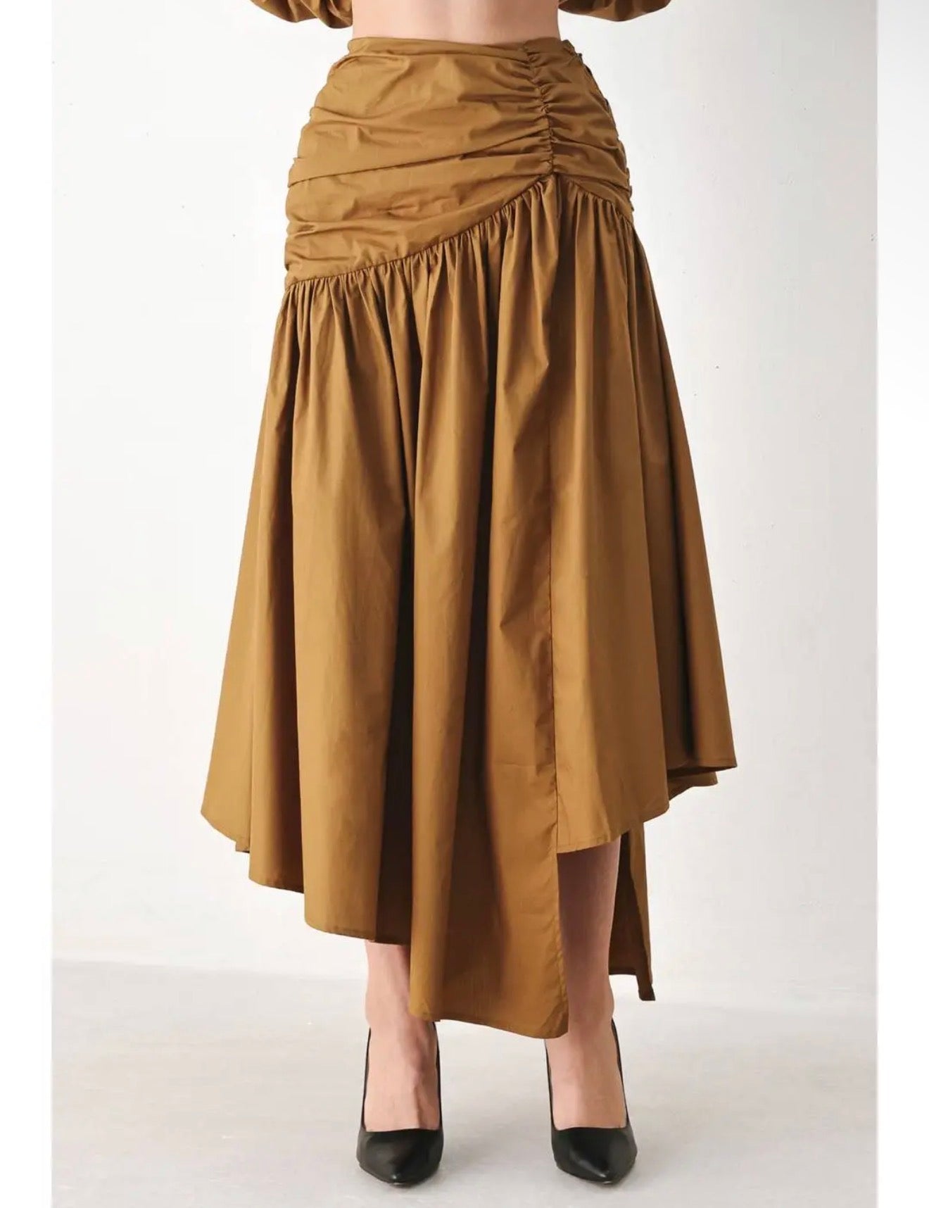 Caramel Gathered Midi Skirt