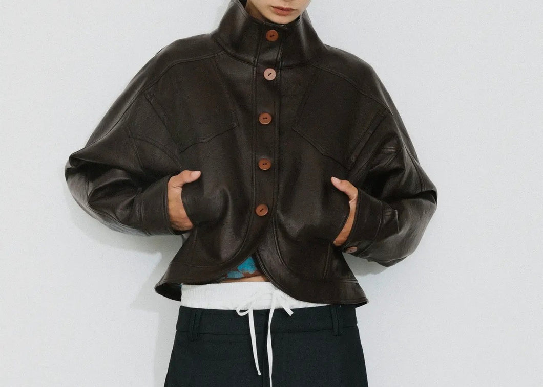 Curved Sleeve Faux Leather Jacket – Brown