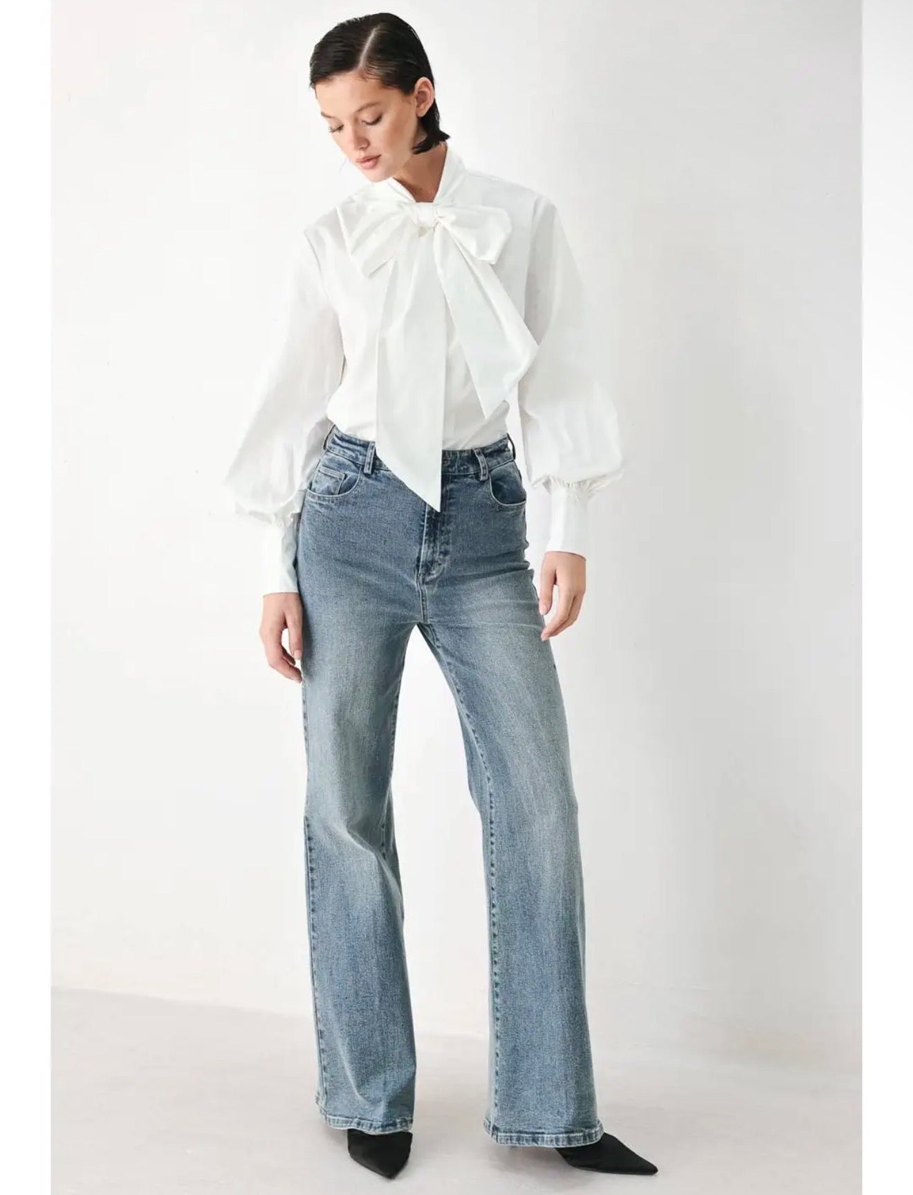 Statement Bow Cotton Blouse — Caramel & White