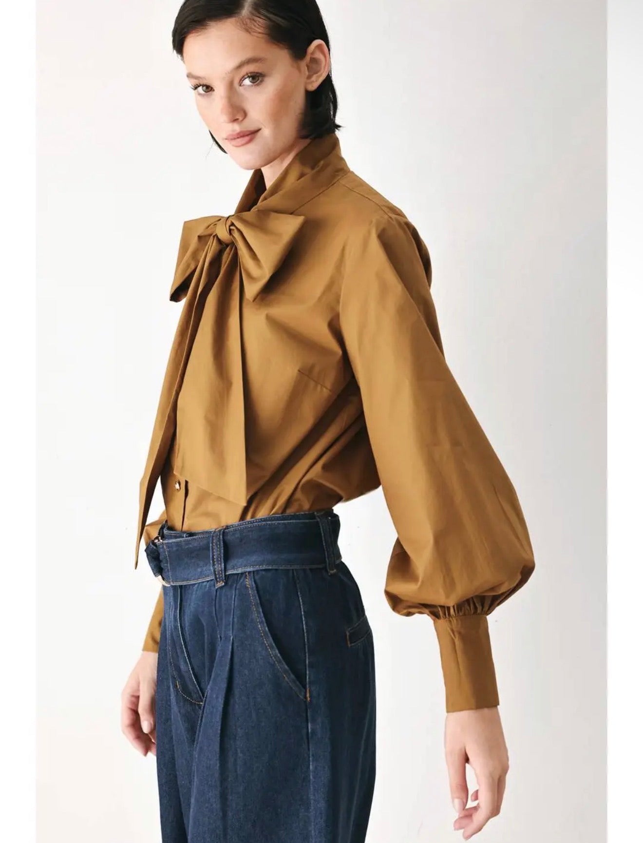 Statement Bow Cotton Blouse — Caramel & White