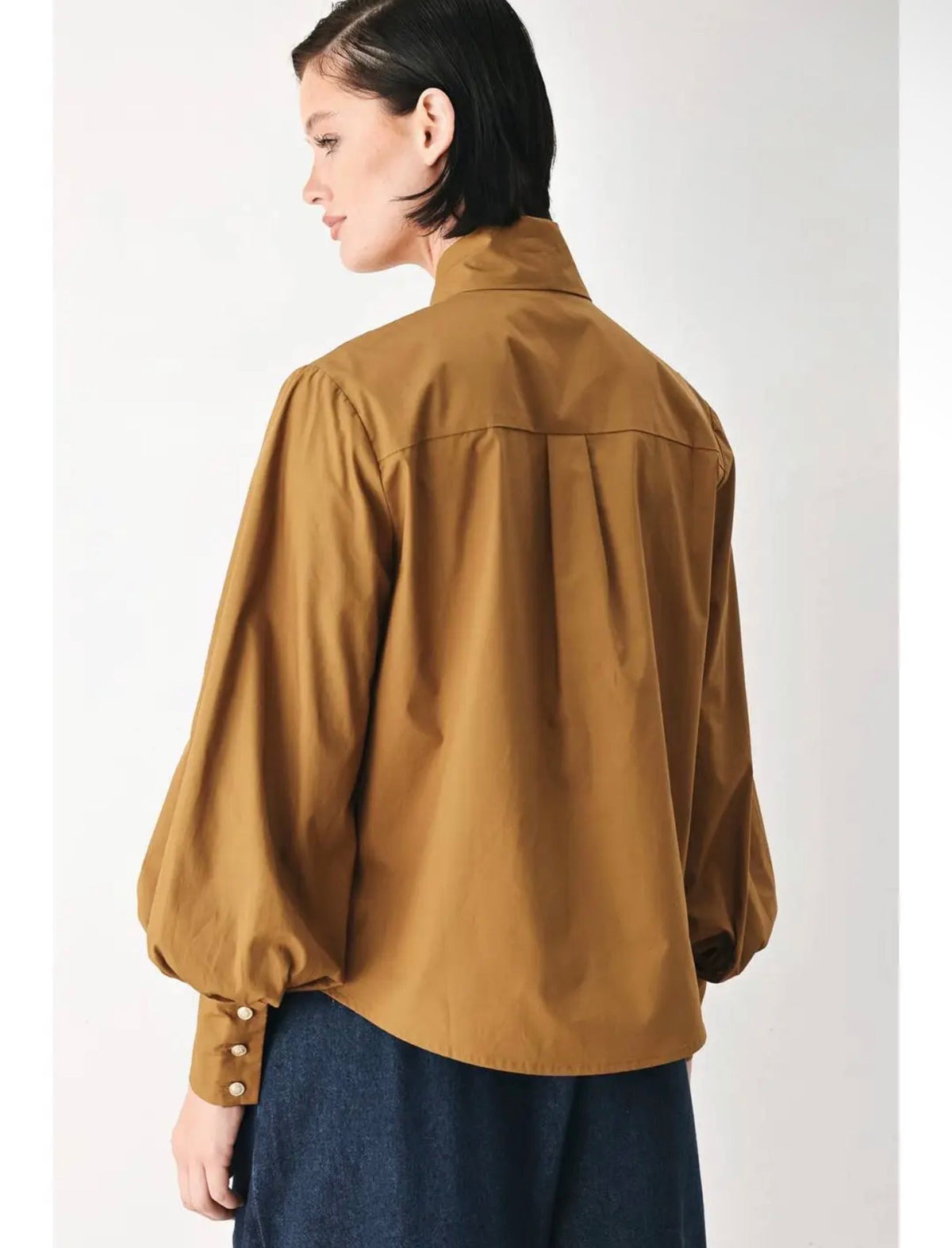 Statement Bow Cotton Blouse — Caramel & White
