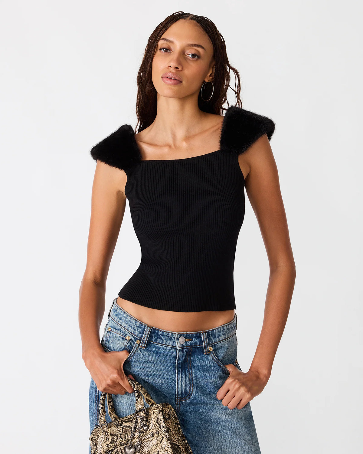 Maje sleeveless ribbed tank with faux fur shoulders