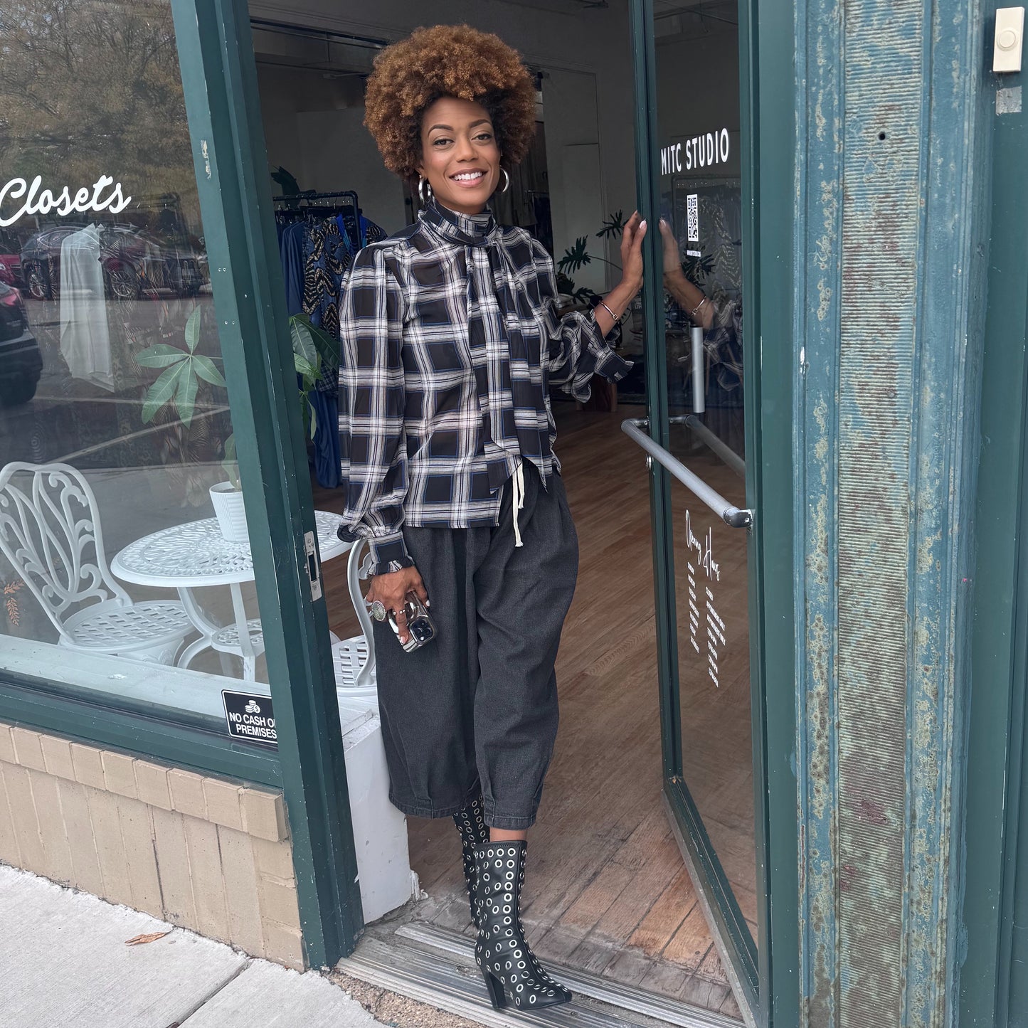 Plaid Bow-Tie Sheer Blouse