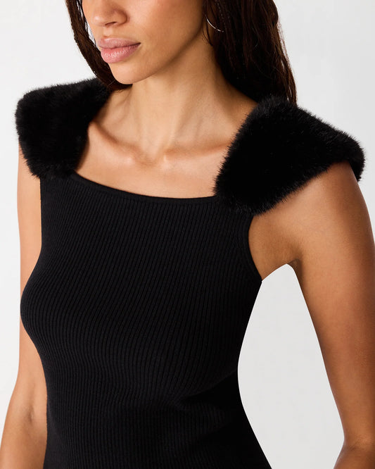 Maje sleeveless ribbed tank with faux fur shoulders