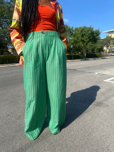 Green & White Pinstripe High-Waist Pants