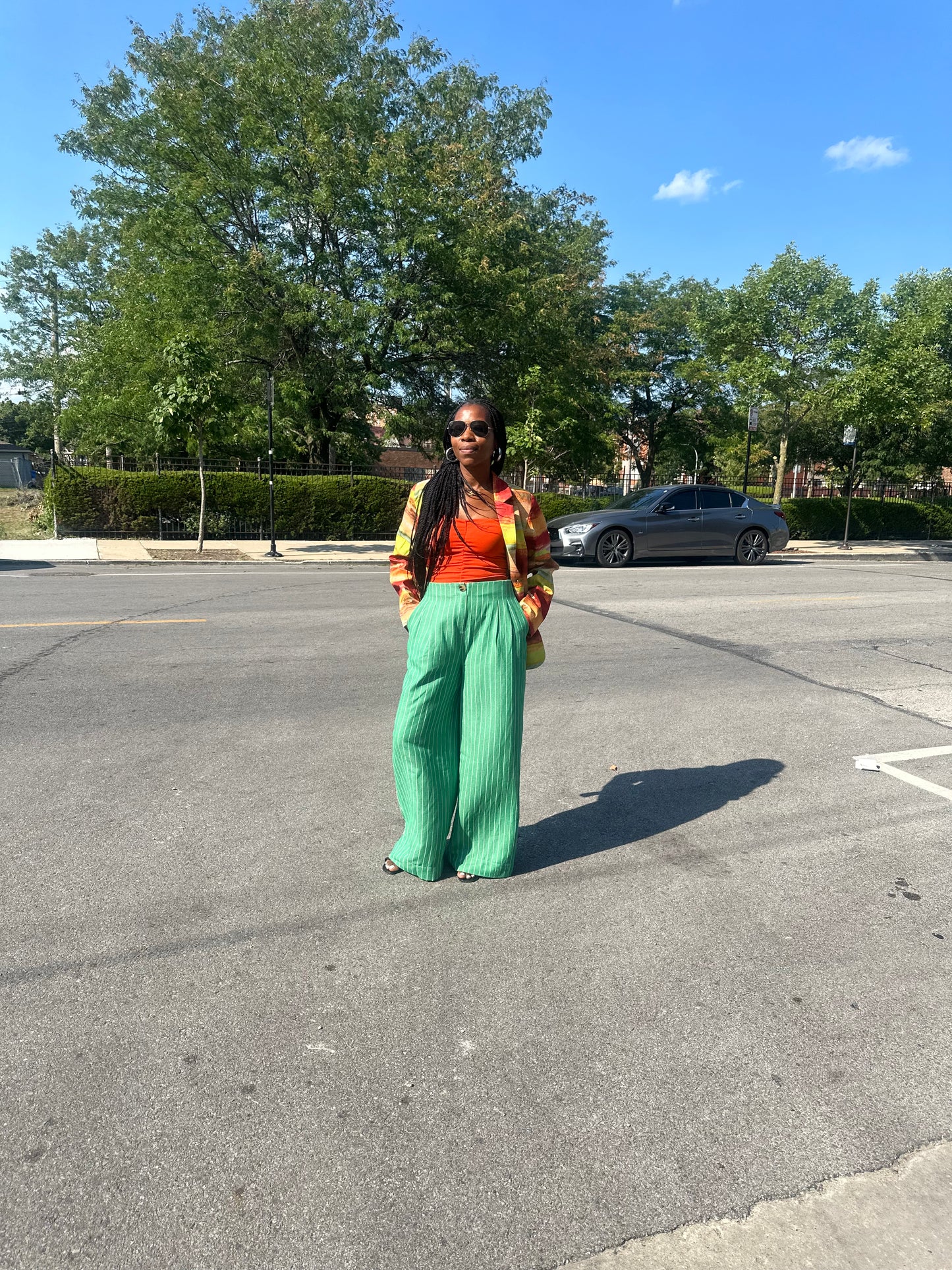 Green & White Pinstripe High-Waist Pants