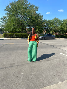 Green & White Pinstripe High-Waist Pants