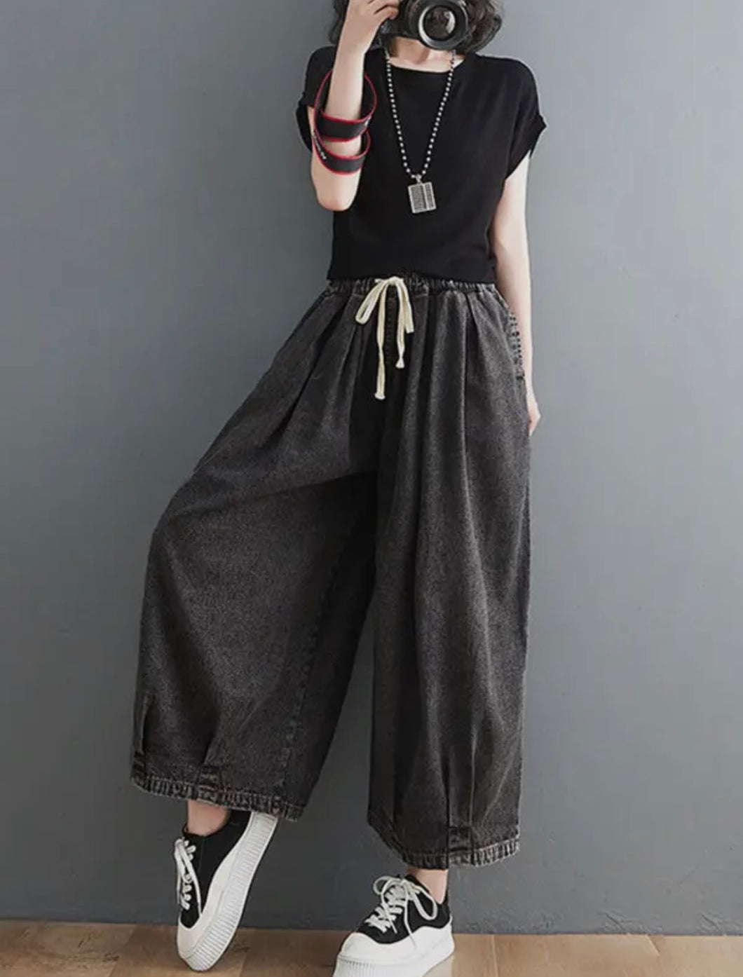 Wide-Leg Black Denim Pants
