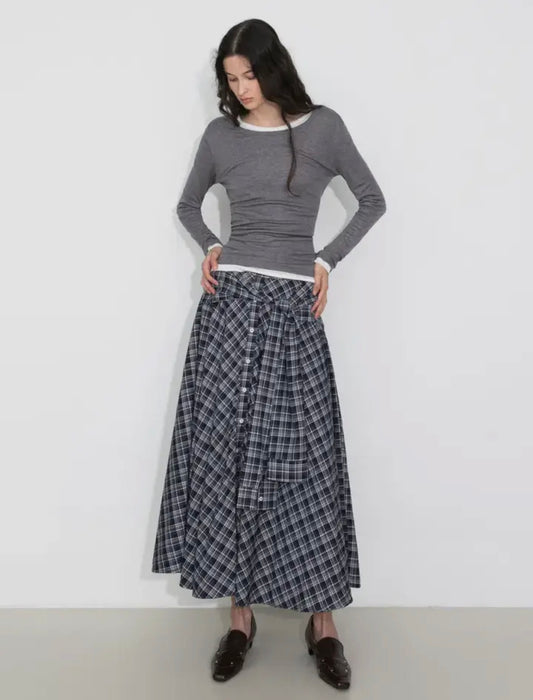 Plaid Maxi Skirt with shirt sleeve – Brown or Blue