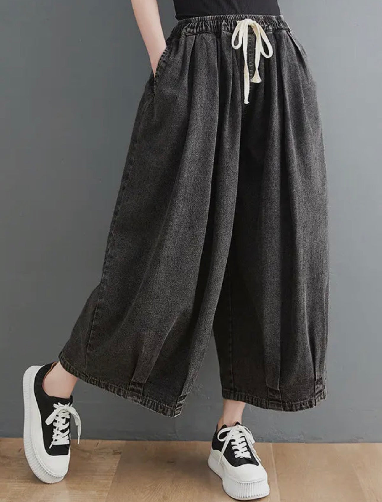 Wide-Leg Black Denim Pants