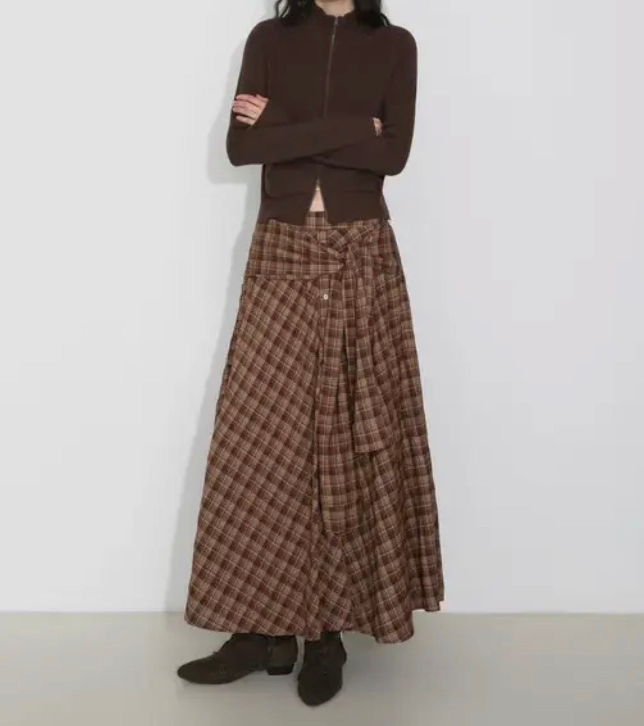 Plaid Maxi Skirt with shirt sleeve – Brown or Blue