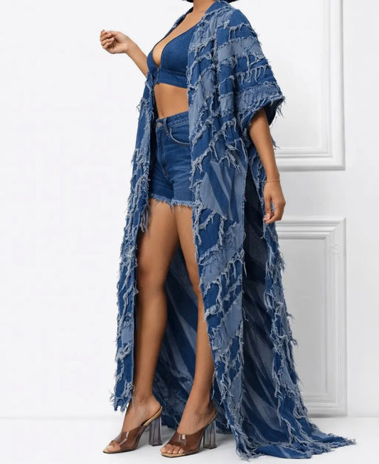 Indigo Fringe Denim Kimono