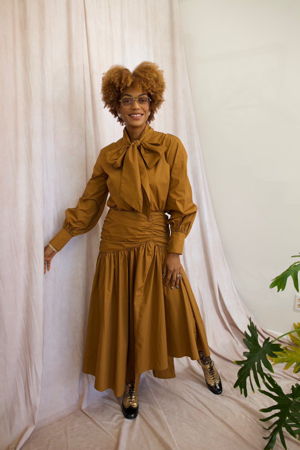 Caramel Gathered Midi Skirt