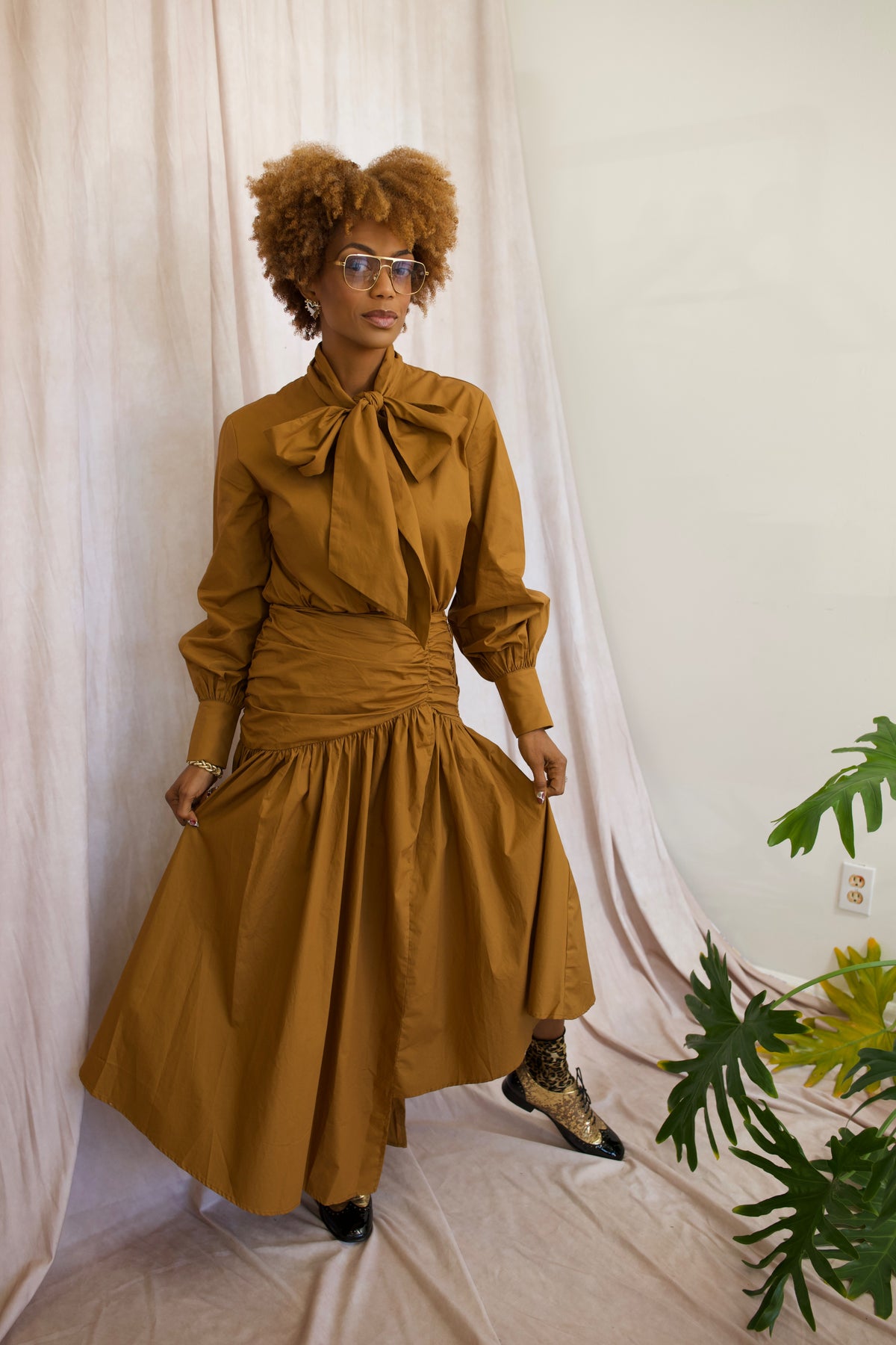Caramel Gathered Midi Skirt