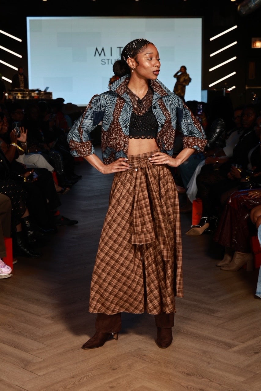 Plaid Maxi Skirt with shirt sleeve – Brown or Blue